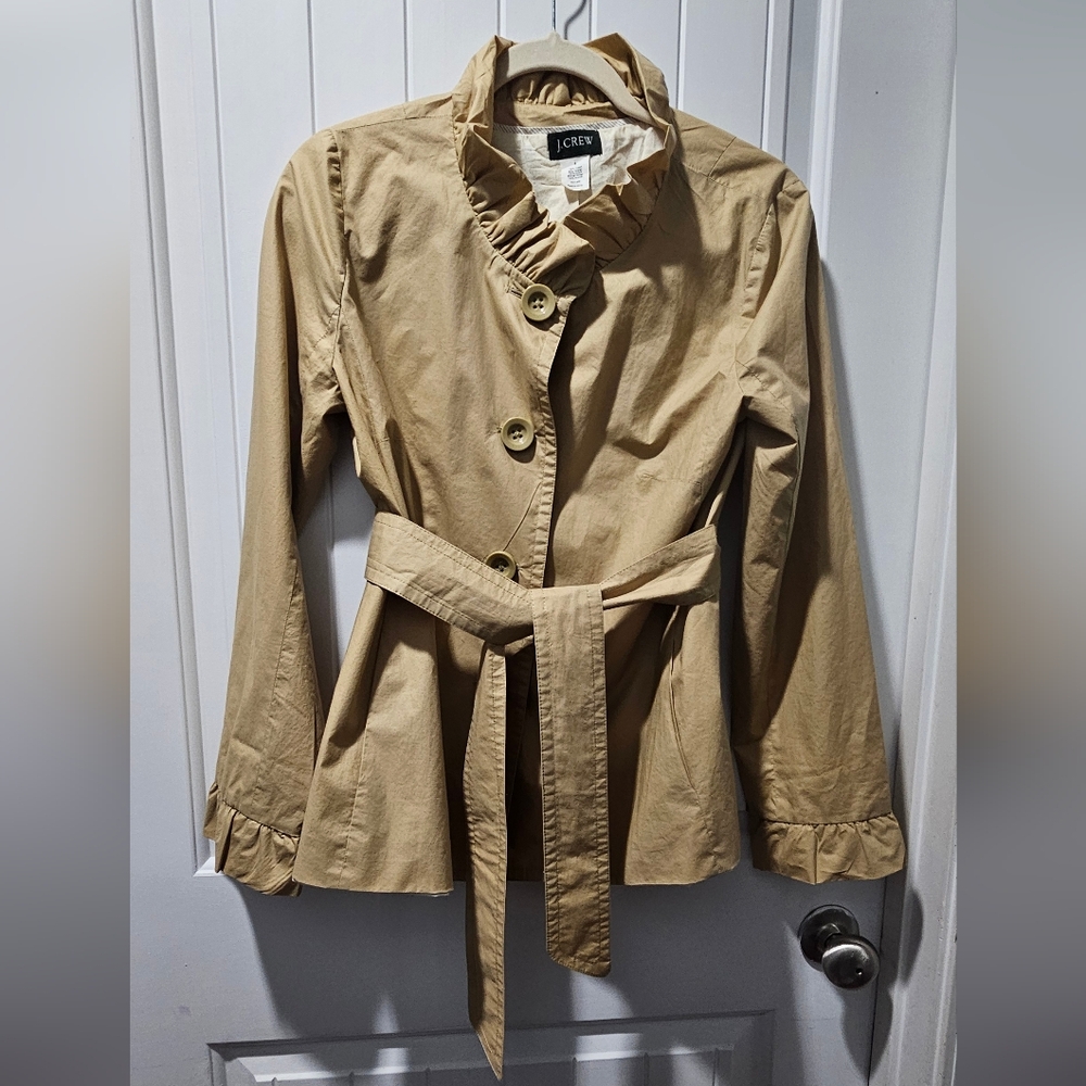 J. Crew Beige Trench Coat with Ruffle Collar